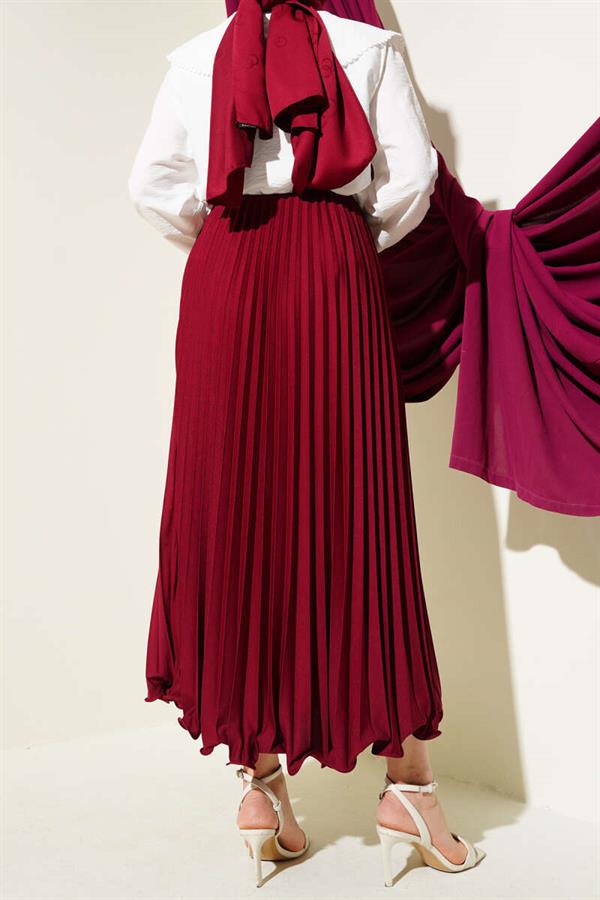 Ruffle Pleated Elastic Waist Skirt Burgundy