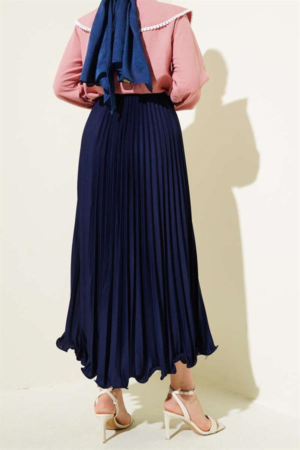 Ruffle Pleated Elastic Waist Skirt Navy Blue