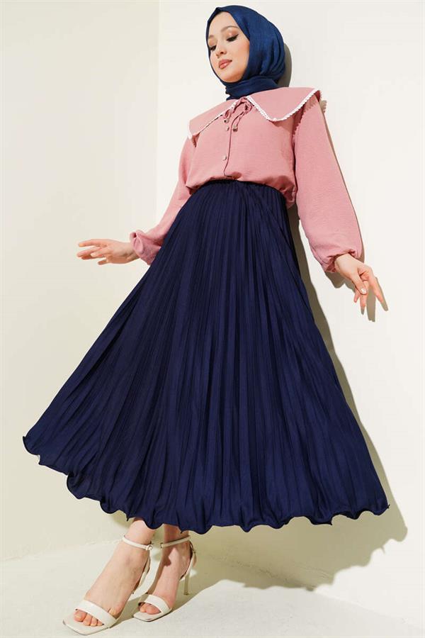 Ruffle Pleated Elastic Waist Skirt Navy Blue