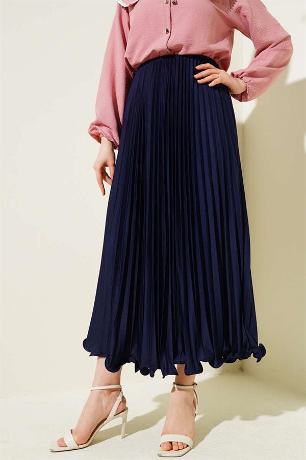 Ruffle Pleated Elastic Waist Skirt Navy Blue