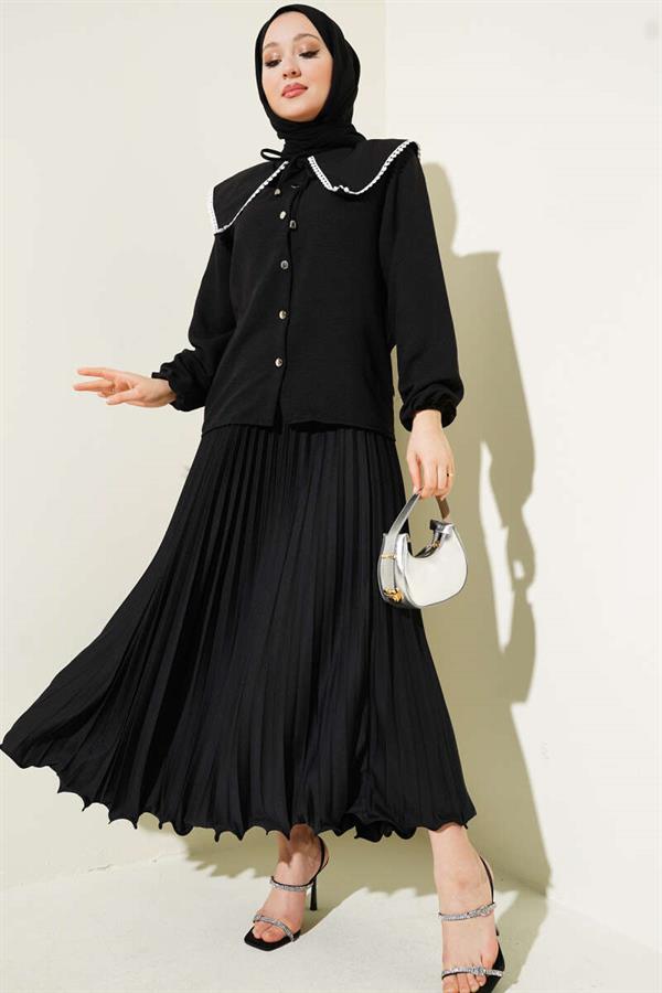 Ruffle Pleated Elastic Waist Skirt Black