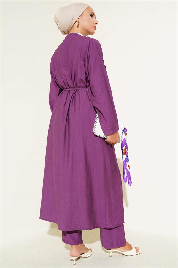 Frilled Long Cardigan 2 Piece Set Magenta