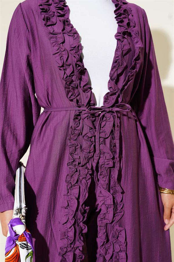 Frilled Long Cardigan 2 Piece Set Magenta