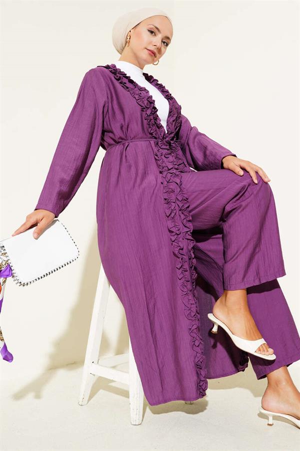 Frilled Long Cardigan 2 Piece Set Magenta