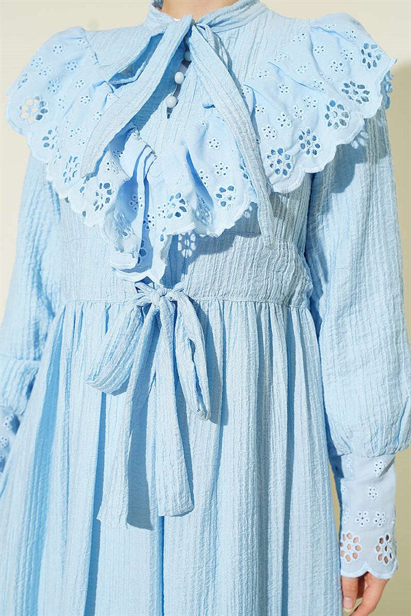 Ruffled V-Neck Embroidered Waist Tunnel Dress Ice Blue