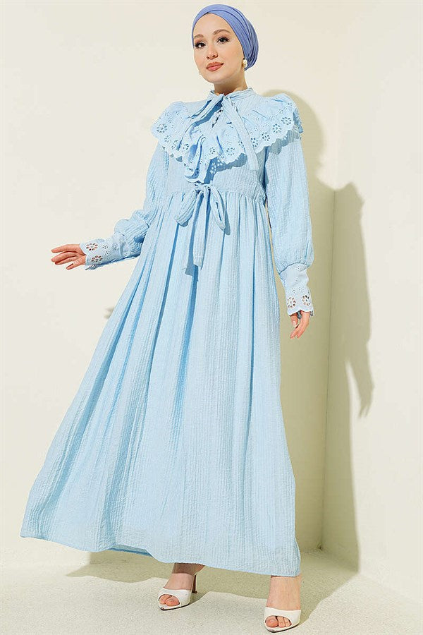 Ruffled V-Neck Embroidered Waist Tunnel Dress Ice Blue