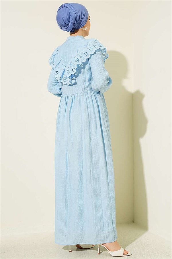 Ruffled V-Neck Embroidered Waist Tunnel Dress Ice Blue