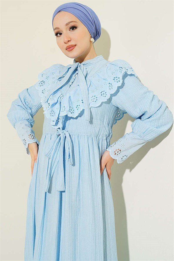 Ruffled V-Neck Embroidered Waist Tunnel Dress Ice Blue