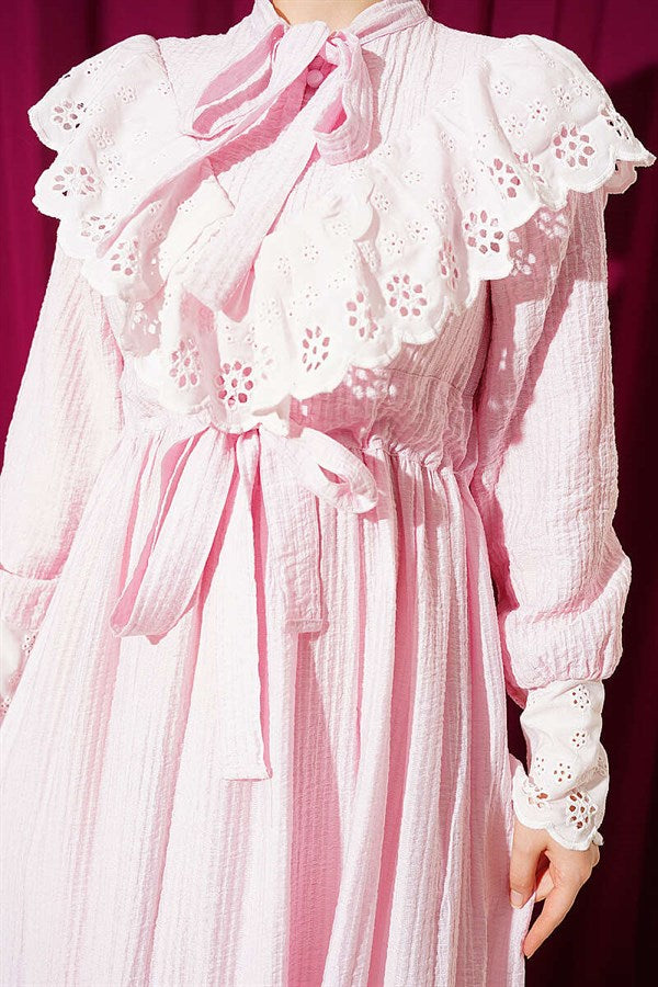 Pink Ruffled V-Neck Embroidered Waist Tunnel Dress