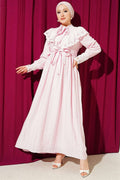Pink Ruffled V-Neck Embroidered Waist Tunnel Dress