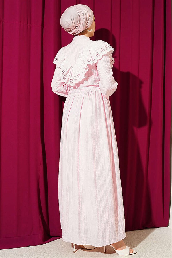 Pink Ruffled V-Neck Embroidered Waist Tunnel Dress