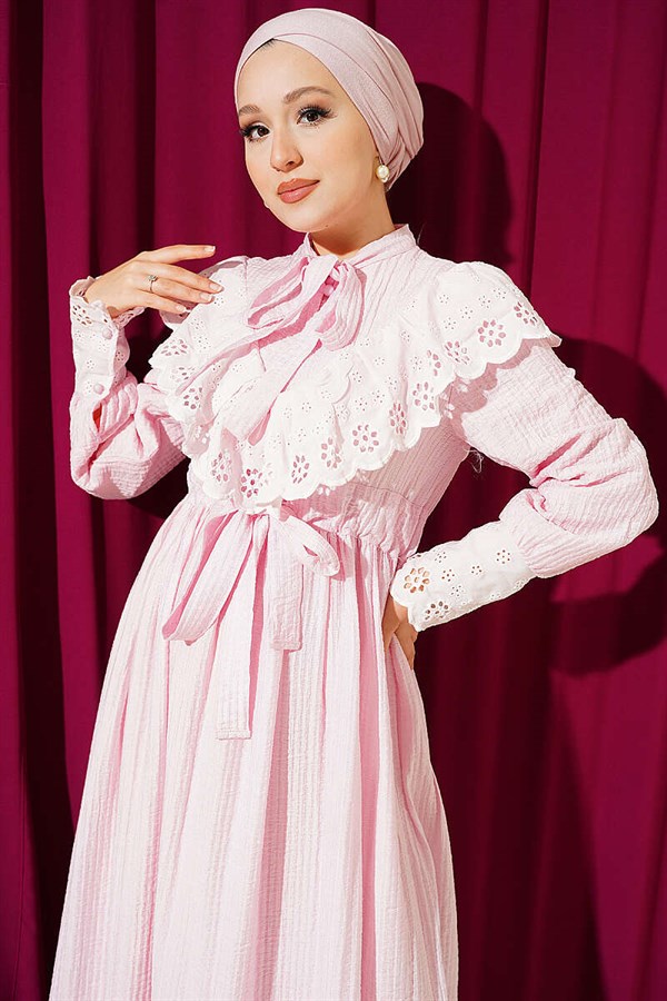 Pink Ruffled V-Neck Embroidered Waist Tunnel Dress