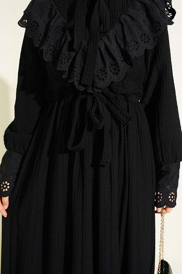 Ruffled V-Neck Embroidered Waist Tunnel Dress Black