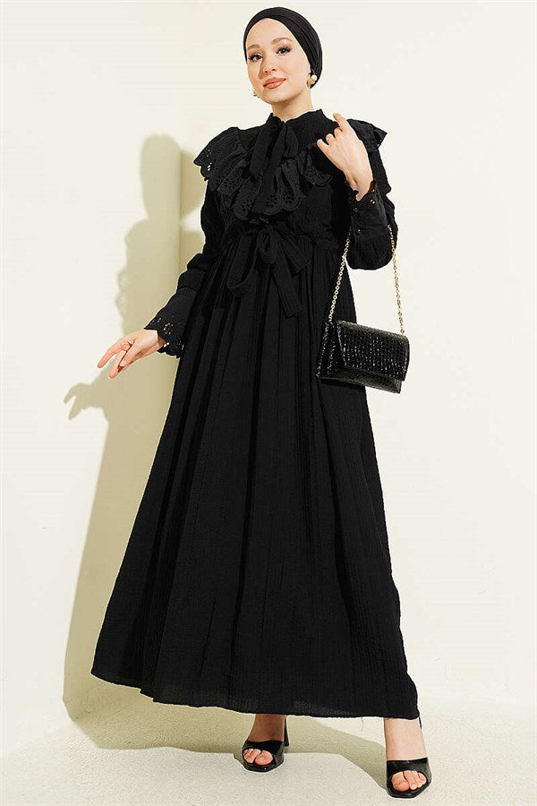 Ruffled V-Neck Embroidered Waist Tunnel Dress Black