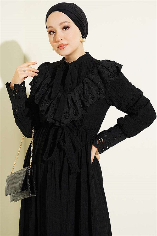 Ruffled V-Neck Embroidered Waist Tunnel Dress Black
