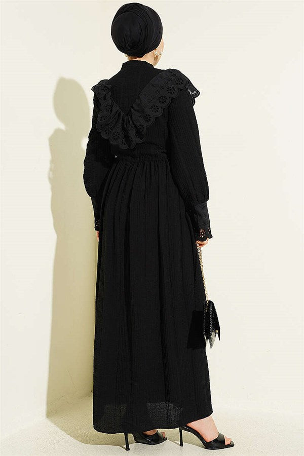 Ruffled V-Neck Embroidered Waist Tunnel Dress Black