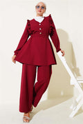 Ruffle V-Neck Double Breasted Suit Burgundy