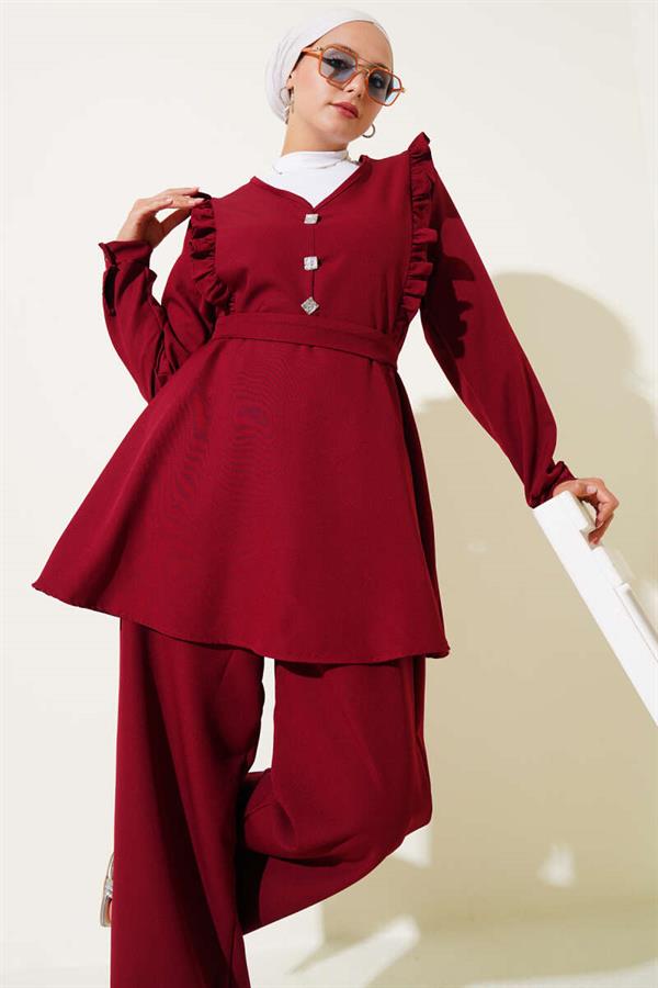 Ruffle V-Neck Double Breasted Suit Burgundy