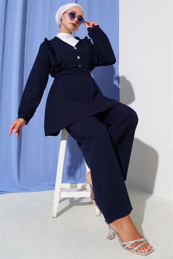 Ruffle V-Neck Double Breasted Suit Navy Blue