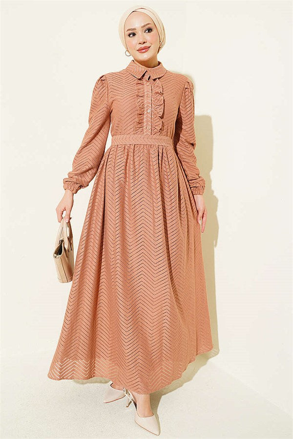 Ruffled Zigzag Pattern Dress Camel