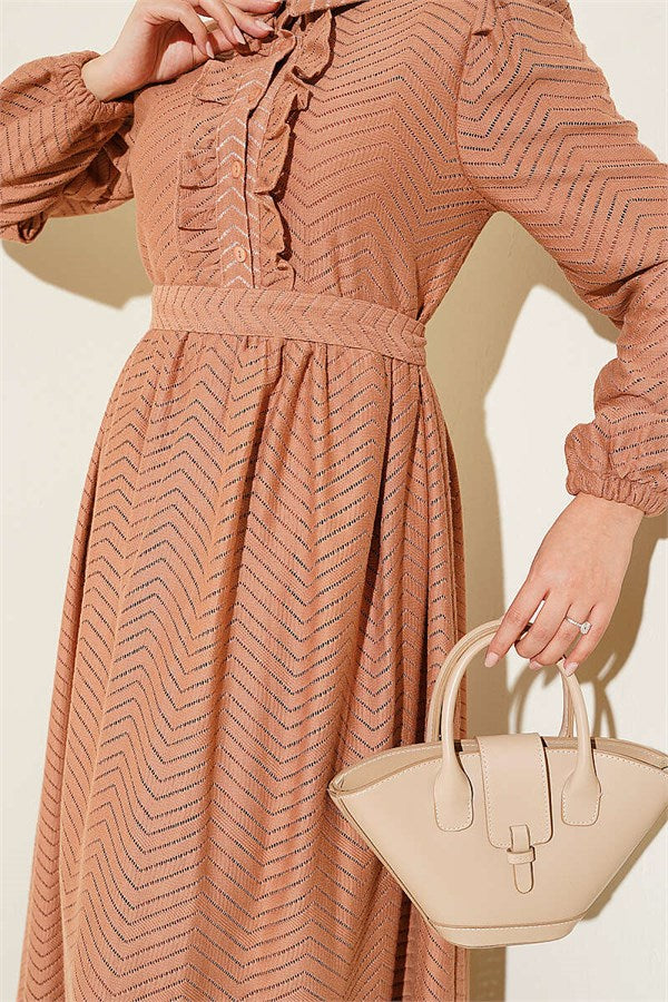 Ruffled Zigzag Pattern Dress Camel