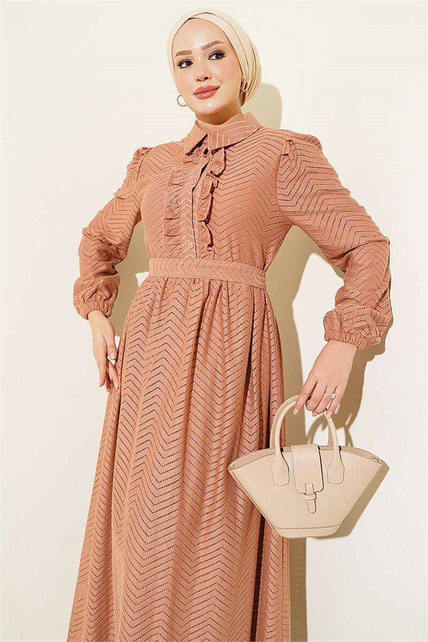 Ruffled Zigzag Pattern Dress Camel