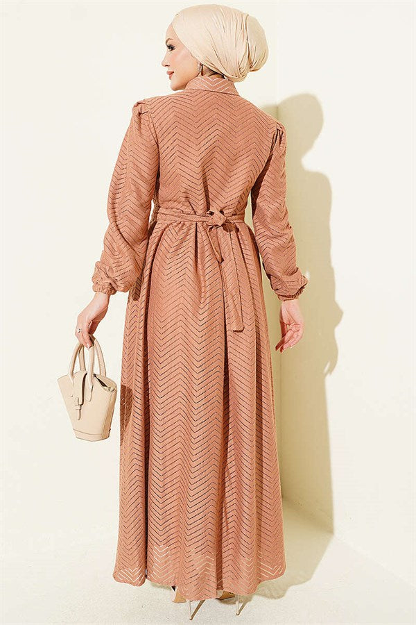 Ruffled Zigzag Pattern Dress Camel