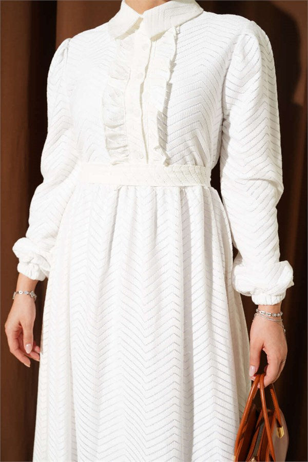 Ruffled Zigzag Pattern Dress, Ecru
