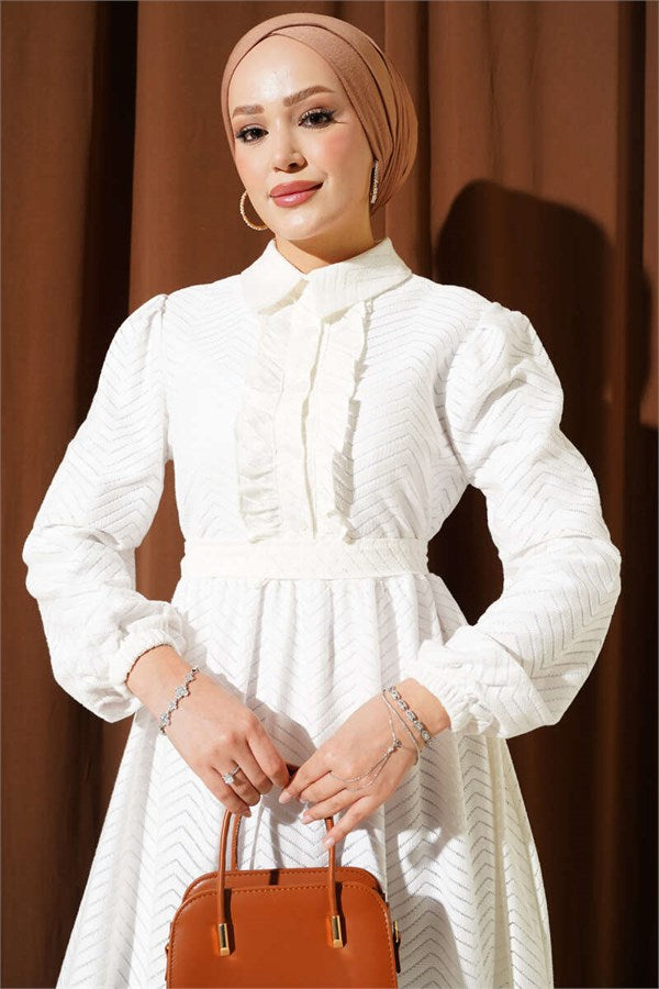 Ruffled Zigzag Pattern Dress, Ecru