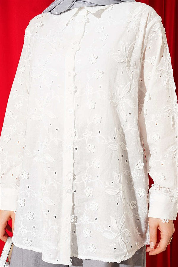 Lace-trimmed Shirt with Floral Detail, White