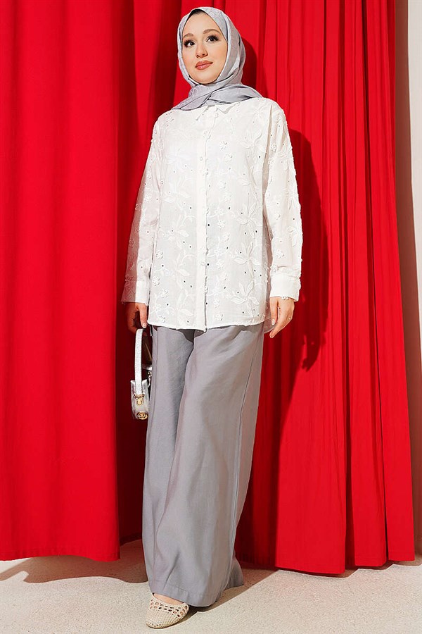 Lace-trimmed Shirt with Floral Detail, White