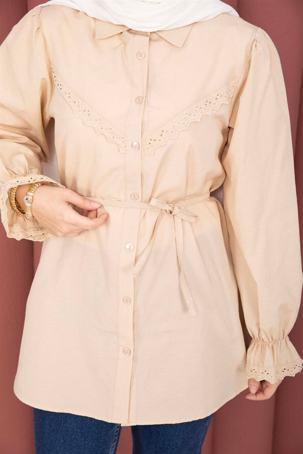 Lace-up Shirt with Scallop Detail, Beige
