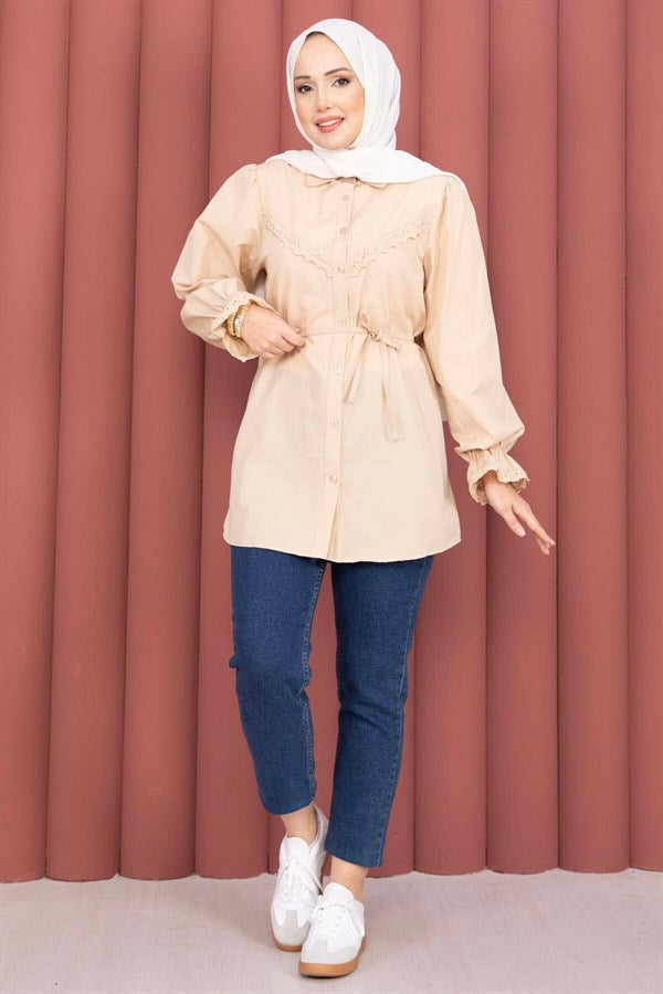 Lace-up Shirt with Scallop Detail, Beige