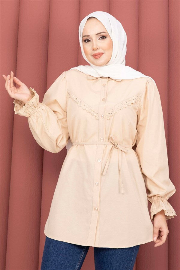 Lace-up Shirt with Scallop Detail, Beige