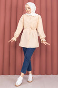 Lace-up Shirt with Scallop Detail, Beige