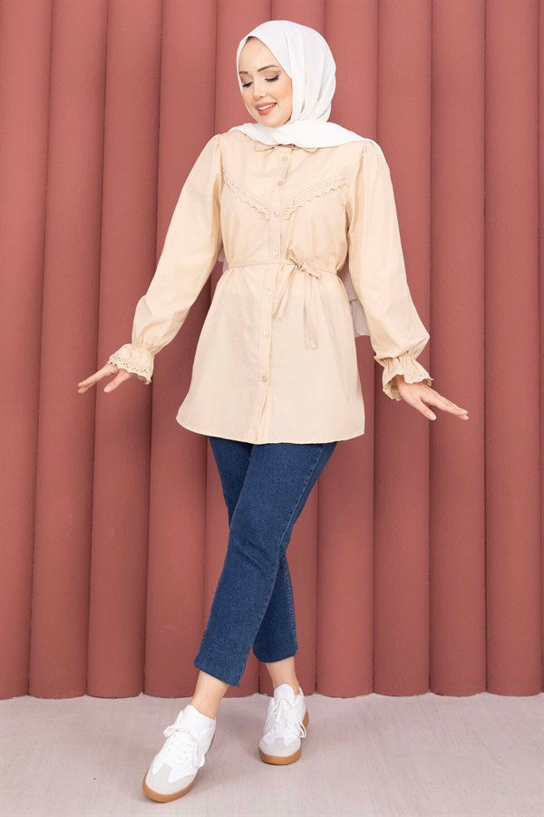 Lace-up Shirt with Scallop Detail, Beige