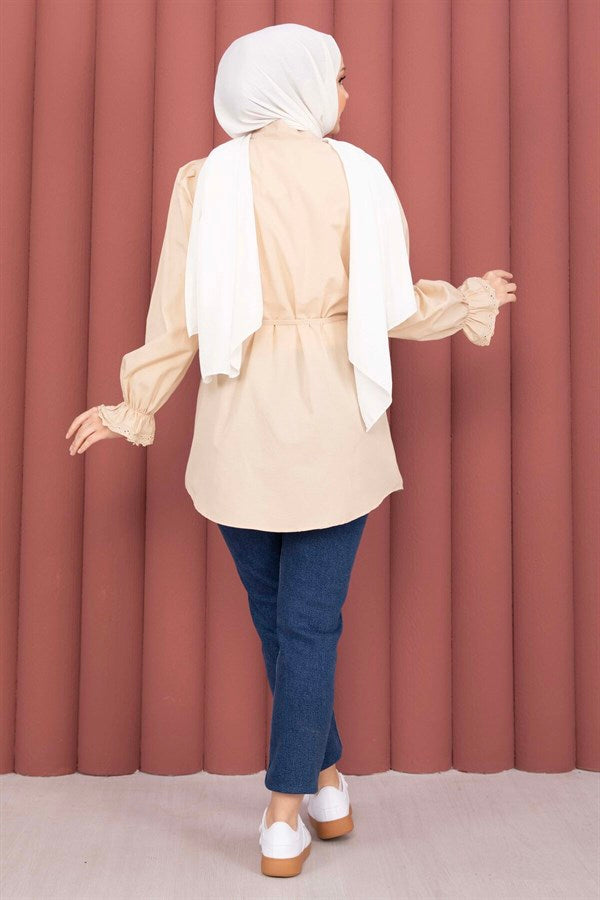 Lace-up Shirt with Scallop Detail, Beige