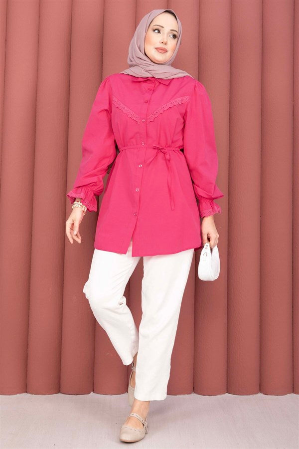 Fuchsia Lace-Up Shirt with Scallop Detail