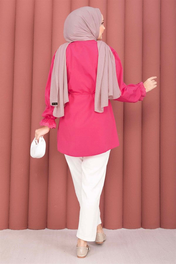 Fuchsia Lace-Up Shirt with Scallop Detail