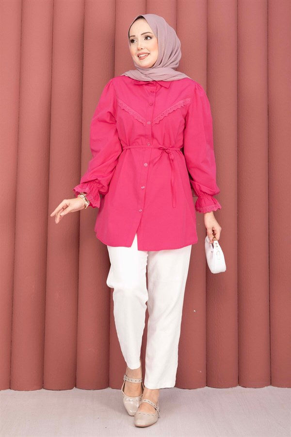 Fuchsia Lace-Up Shirt with Scallop Detail