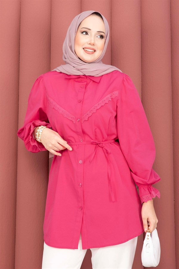 Fuchsia Lace-Up Shirt with Scallop Detail