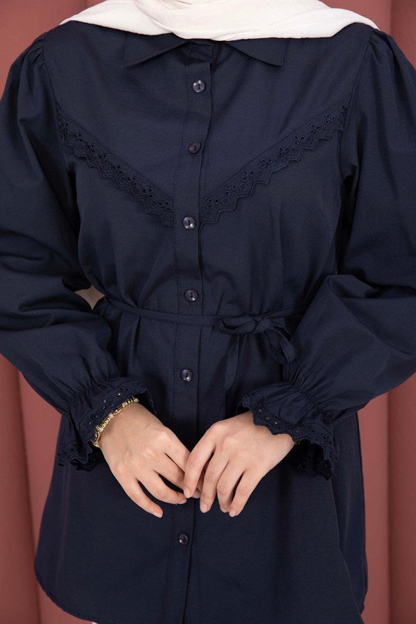 Navy Blue Lace-Up Shirt with Scallop Detail