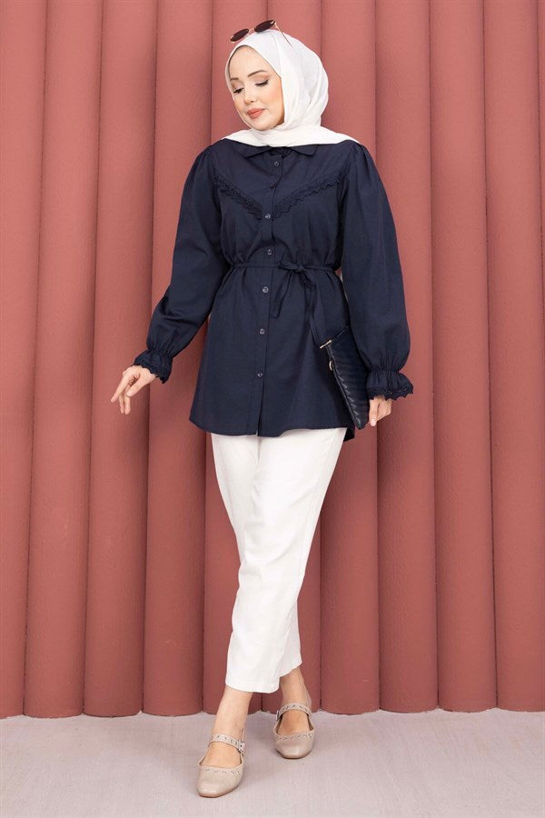 Navy Blue Lace-Up Shirt with Scallop Detail