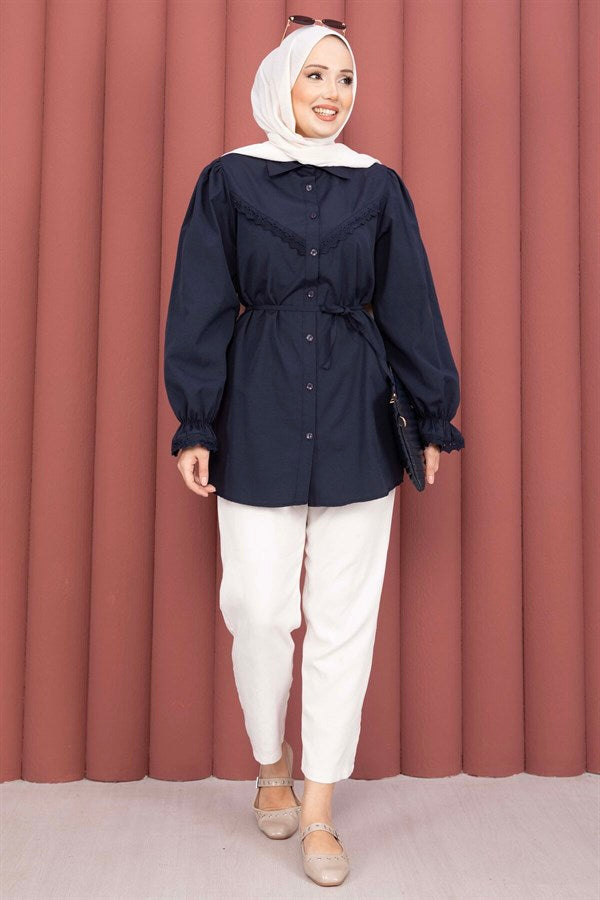 Navy Blue Lace-Up Shirt with Scallop Detail