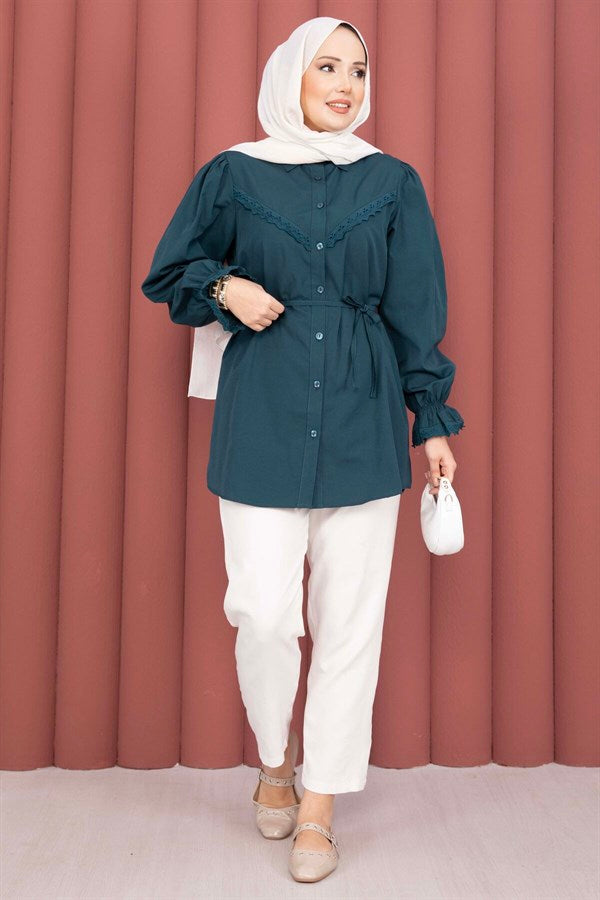 Lace-up Shirt with Scallop Detail, Petrol