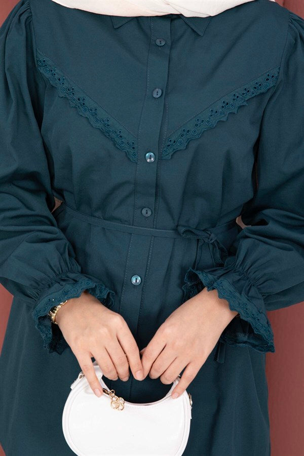 Lace-up Shirt with Scallop Detail, Petrol