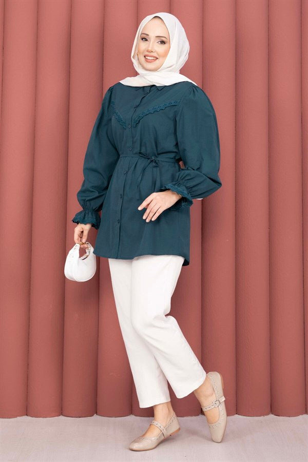 Lace-up Shirt with Scallop Detail, Petrol