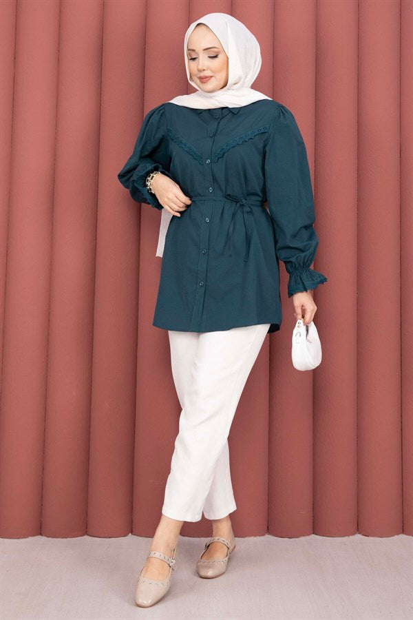 Lace-up Shirt with Scallop Detail, Petrol
