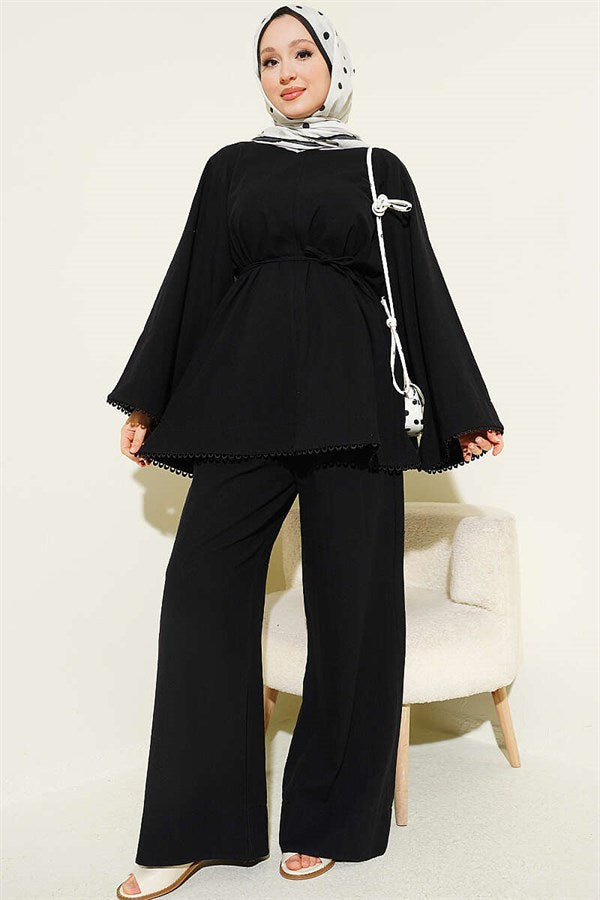 Lace Detail Wide Sleeved Linen Two-Piece Set Black