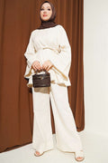 Beige Linen Two-Piece Set with Lace Detail and Wide Sleeves
